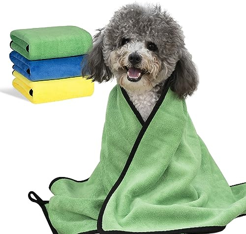 MICOOYO 3 st hundhanddukar för torkning, superabsorberande husdjursskötselhanddukar, snabbtorkande hundhanddukar för valpar katter (grön, blå, gul, M)