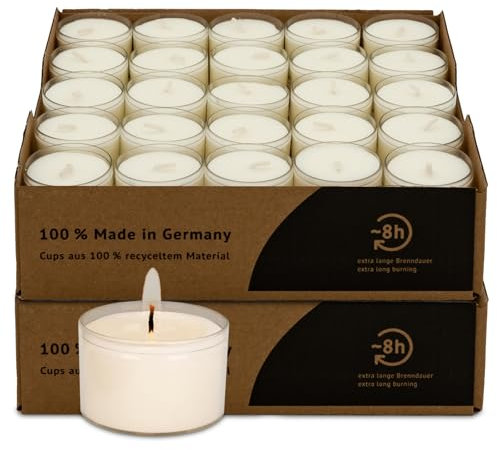 DecoLite: 50-500 Teelichter Nightlights in transparenter Hülle | 8 Stunden Brenndauer | 100% made in Germany | RAL Geprüft | höchste Qualität | Kerzen in Durchsichtigem Behälter (100) Ohne Duft