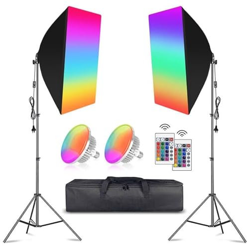MSKIRA Softbox Lighting Kit Continuous Photography Lighting Kit 2x150W 3200-6000K Dimmable RGB LED Light Bulbs Soft Box Light for Video Recording Filming Lights YouTube Portrait Product Shooting