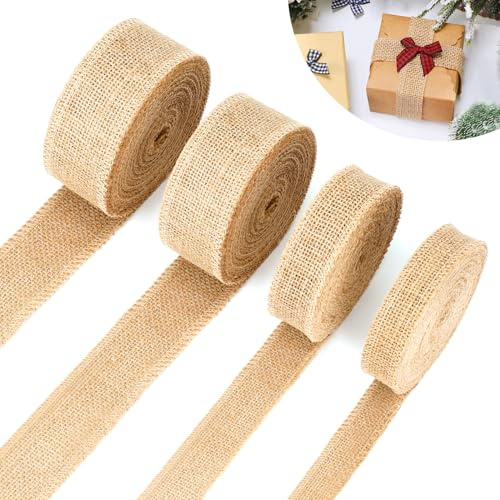 4 Rollen Juteband Breit 2.5/3/4/5cm×10m, Geschenkband Juteband Natur, Sackleinen Band als Dekoband für Geschenkverpackung, DIY Handwerk, Leinenband Breit für Hochzeit, Weihnachten(10m/Rollen)