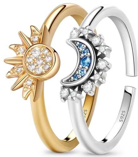 Ahokei Anelli Sole e Luna Set Anelli Donna Argento 925 Anello Sole e Luna Anello Donna Regolabili Regali Donna Regalo Donna Regalo Amica