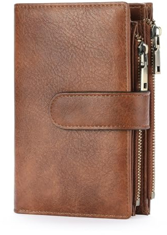 GOIACII Womens Wallets RFID Blocking Leather Trifold Clutch Wallet Credit Card Holder Ladies Purse 3 ID Windows Brown