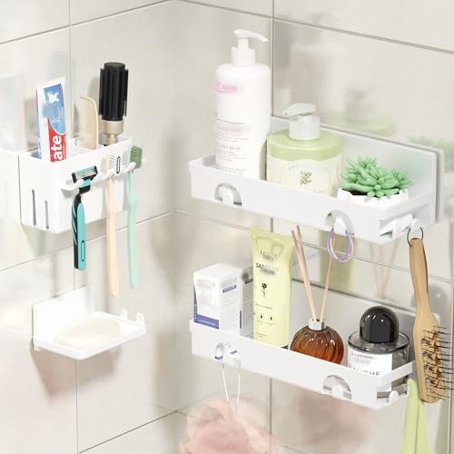 PAVSTINE Duschablage ohne Bohren, 4 Stück Duschregal mit Großer Kapazität, 7KG Badezimmer Organizer mit Starker Kleben, Shampoo Duschgel Halterung für Bad Dusche, Duschkorb, Badregal Weiß
