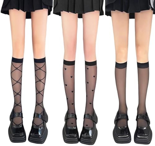 SamHeng 3 Pares Impresión Medias a Rodilla, 3 Estilos Elástico Medias Altas Respirable Calcetines Hasta Rodilla, Transparente Medias de nylon Mujer Niñas Moda Calcetines (Negro)