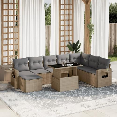 Keyroto 8-TLG Loungemöbel Outdoor Lounge Sofa Outdoor Rattan Sofa Outdoor Gartensofa Lounge Möbel Outdoor Garten Sofagarnitur mit Kissen Poly Rattan Beige