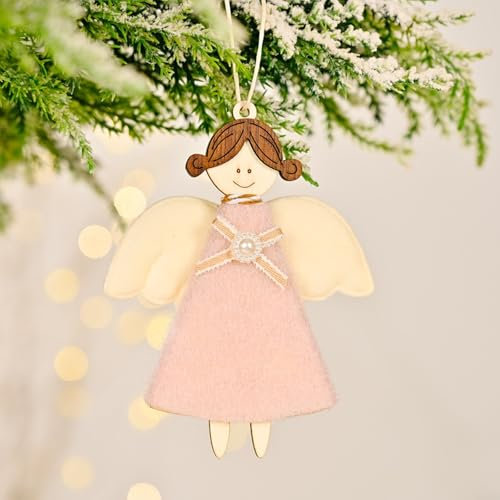 URPIZY Weihnachtsengel aus Holz, Ornament, Weihnachtsbaum, hängende Dekoration, 11 cm x 9 cm (Rosa)