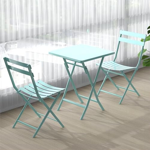SAJMN 3-teiliges Bistro-Set für den Außenbereich, Klapptisch und Stühle aus Metall, moderner Couchtisch, Gartenmöbel-Set, Esszimmermöbel-Set für Hof/Garten/Balkon/Pool (Farbe: Blau)
