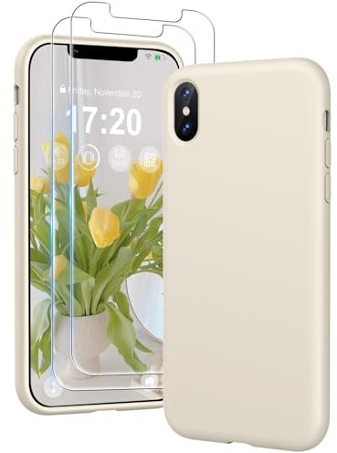 PuyaTeya 3 in 1 Hülle für iPhone X/XS, mit 2 Stück 9H Panzerglas Premium Liquid Silikon Hülle, mit 4-Layer stoßfeste abriebfestes, Soft Mikrofaserfutter Kratzfes Schutzhülle für iPhone X/XS(Beige)