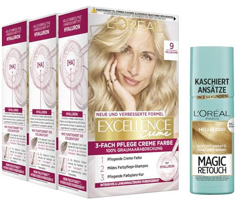 L'Oréal Paris Haarfärbe- und Ansatz-Kaschierset, 3x Permanente Haarfarbe Excellence Creme, Nr. 9 Hellblond und 1x Ansatz-Kaschierspray Magic Retouch, Hellblond, [Amazon Exclusive Set], 4-teilig