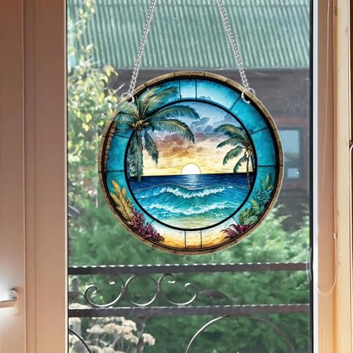 FENGCHUANG Küsten-Acryl-Fensterdekoration, 20cm Doppelseitiger Acryl-Fenster-Lichtfänger mit Hängekette und Saugnapf für Fenster, Terrassen, Wände, Haus und Garten