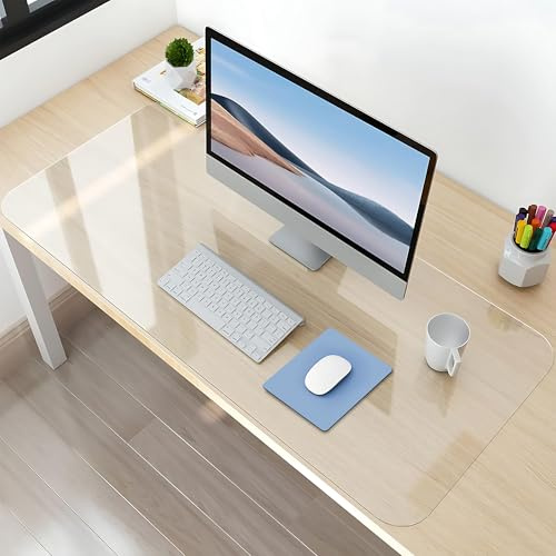 NATRKE Schreibtischunterlage Transparent, 90x50x0.15cm Schreibunterlage Groß Klare Durchsichtige Schreibtischmatte Unterlage Tischschoner Rutschfeste Runde Kanten Schreibunterlage für Büro Zuhause