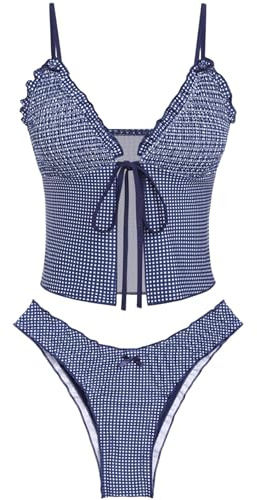 ZAFUL Tankini-Badeanzüge für Damen, gesmokt, Rüschen, vorne zu binden, Schleife, strukturiert, hoch geschnittenes Tanga-Tankini-Set (1-Mitternachtsblau, M)