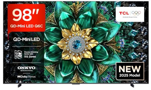 TCL 98Q6C QD-Mini LED TV, 4K HDR Premium 1000nits, Smart TV alimenté par Google (Dolby Vision IQ et Atmos, Panneau HVA Mat, système Audio Onkyo 2.1, Motion Clarity Pro 144Hz, Game Master)