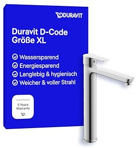 Duravit D-Code Waschtischarmatur, Größe XL (Auslauf Höhe 295 mm), energiesparende Waschbecken Armatur (FreshStart), wassersparender Wasserhahn Bad (MinusFlow), Chrom