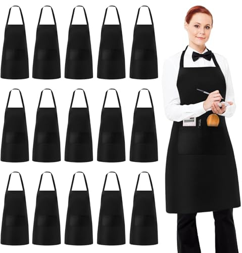 Behogan 15 Stück Kochschürze, Schwarze Schürze mit 2 Taschen, Schürze, Waschbar Unisex Küchenschürze, Cook Apron für Küche, Kochen, Backen, Restaurant, Basteln und Café