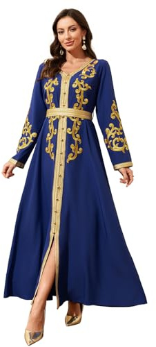 Middle Eastern Modest Maxi Dress - Muslim Moroccan Kaftan Abaya for Women Gold Embroidered Eid Dress Islamic Traditional Wear (Royal Blue, M)