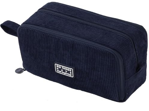 VICDUEKG Federmäppchen aus Cord-Stoff Federtaschen Mäppchen mit 3 Fächer Schulmäppchen Große Kapazität Stiftetasche Pencil Case für Schule & Büro (Dunkelblau)