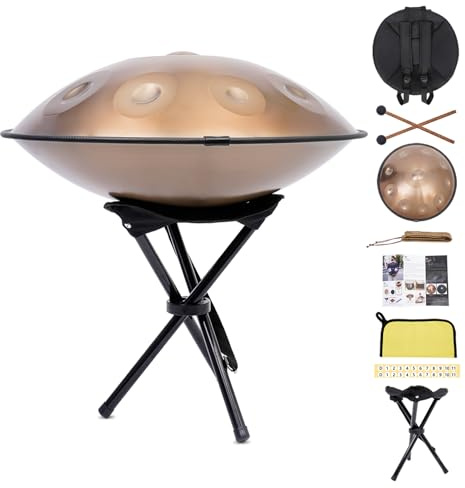 Handpan Instrument 22 Zoll (56cm) 10 Töne 440Hz D-Moll (Standard) | Einsteiger-Set aus Nitrierstahl (Fairer Preis) | Handpan Drum für Musik, Jammen & Anfänger | Inkl. Rucksack & Ständer (Gold)