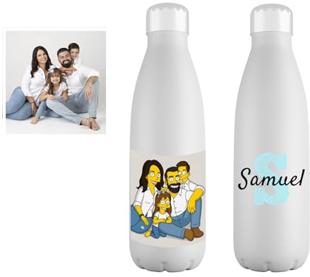 Mookase Botella Personalizada con Caricatura Amarilla y Nombre - Botella de Acero Inoxidable de 700ml - Regalo Personalizable con Retrato Animado Original para Familia y Parejas.