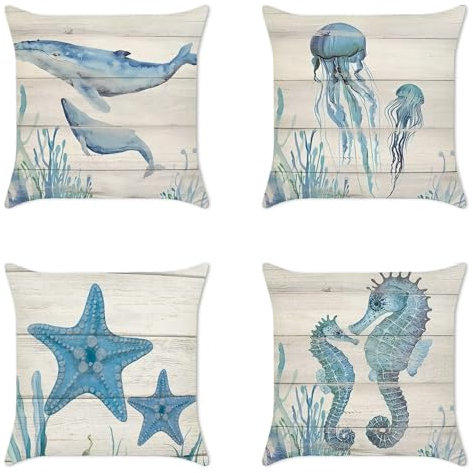 MEILIHEN Leinen Kissenbezug 50x50 Blaues Meeresleben Muster Kissenhülle 4er Set Dekokissen Bezug für Couch Sofa Kissen Deko Zierkissen Couchkissen Outdoor Kissenbezug