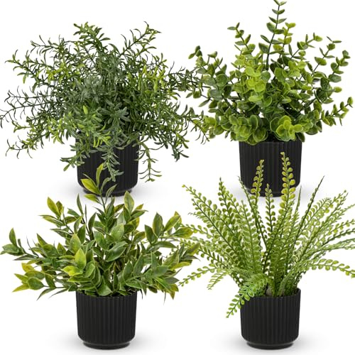 Oairse Small Artificial Plant Set of 4 Fake Plants Potted Mini Artificial Plants Indoor Faux Boston Fern Eucalyptus Rosemary Decorative House Plant for Home Bathroom Office Shelf Desk Decor