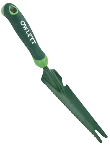 Owlett Hand Weed Puller Tool, 5-in-1 Multipurpose Garden Trowel with Soft Handle, Weeding Tool with Serrated Edges Measuring Scale for Easy Weeder Removal, Planting, Transplanting, Digging, Cutting