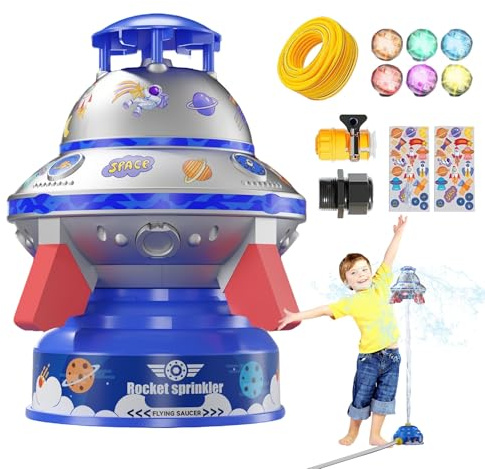 Garden Sprinkler for Children, with 360° Rotating Illuminated Flying Disc, 360 Degree Rotating Flying Saucer with Lighting for Pet Cooling, Garden Watering, Beach Trips, Garden Parties