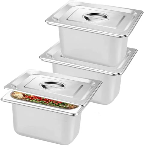 GBKDQQ Paneringsset i rostfritt stål 3 delar, 3 x GN behållare med lock, 17,5 x 11,5 x 10 cm gastronormbehållare rostfritt stål metall panieringsväg rektangulär för punktering för fisk, kött