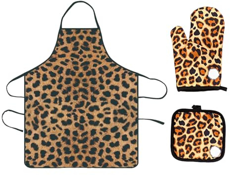 DUINIU Grembiule da Donna con Stampa Leopardata da 1 Pezzo, Guanti da 1 Pezzo, Tappetino da 1 Pezzo, Divertente Tuta Antivegetativa, Grembiule da Cucina per Uso Domestico, Giardinaggio.