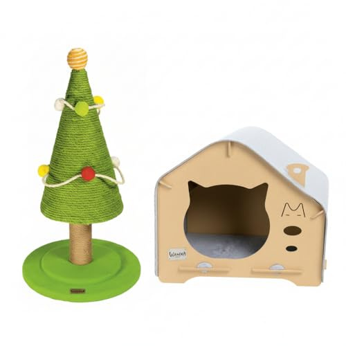 Waneka Rascador Árbol de Navidad y Casa para Gatos, Verde con Detalles Multicolor, Sisal y Madera, 3 Niveles, Diseño Temático Navideño, 59 cm de Alto