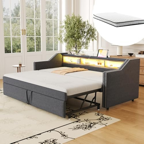 Arhatreya Bäddsoffa 90/180 x 190 cm, bäddsoffa med utdragbar säng, stoppad säng med ribbotten, dagsäng med två madrasser för gästrum, sovrum, linne, mörkgrå