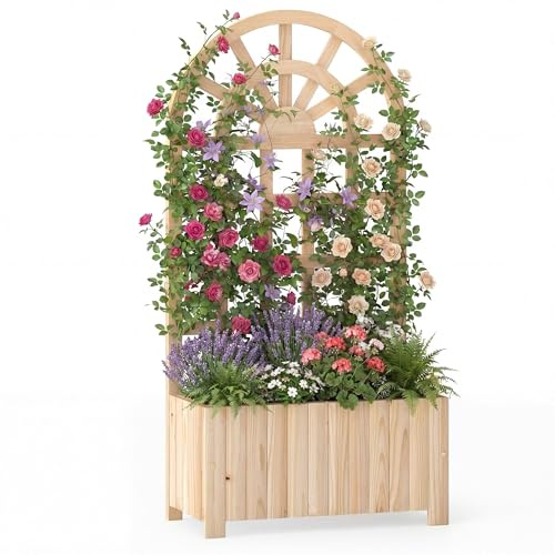 HOMASIS Pflanzkübel mit Rankgitter, Blumenkasten mit Spalier, Pflanzkasten aus Massivholz, Hochbeet Pflanzgefäß Rankkasten Gartenspalier Rankhilfe für Balkon Garten Terrasse (Natur, 61x30x121cm)