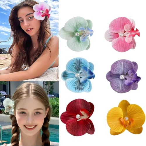 6 Pièces Pinces à Cheveux Fleur, Hawaïennes, Épingles à cheveux bohémiennes avec orchidée papillon, Pince à Cheveux Fleur Clip pour les Vacances, Barrettes de Plage pour Femme