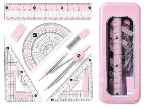 MIGIFTDY Set di 8 pezzi Oxford per matematica, scatola di metallo, compasso, goniometro, kit di cancelleria per studenti della scuola secondaria, set carino per matematica estetica, attrezzatura per