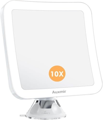 Auxmir Kosmetikspiegel mit Licht, 10-Fach Vergrößerung, LED Beleuchtet Vergrößerungsspiegel Schminkspiegel, Kräftigem Saugnapf und 360° Drehbar, Rasierspiegel für Reise Badezimmer, Quadratisch