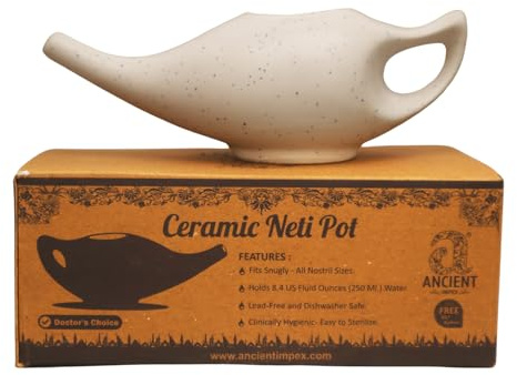 Matte Ivory Ceramic Neti Pot for Nasal Cleansing | Compact and Travel-Friendly Design | Natural Treatment for Sinus, Infection and Congestion | Ceramic Neti Pot with 05 Sachets of Neti Salt