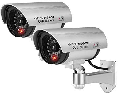 Cámara de seguridad falsa, sistema de vigilancia CCTV simulado con luces intermitentes rojas realistas y pegatina de advertencia (2, plata)