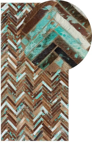 Alfombra de piel de vaca multicolor marrón azul 80 x 150 cm fabricada a mano patrón chevron Amasya