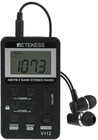 Retekess V112 Miniradio con Cuffie,Radio Portatile Ricaricabile,AM FM Radio a Pile,a Batteria,per Corsa,Viaggi, Anziani,Pescare (Nero)
