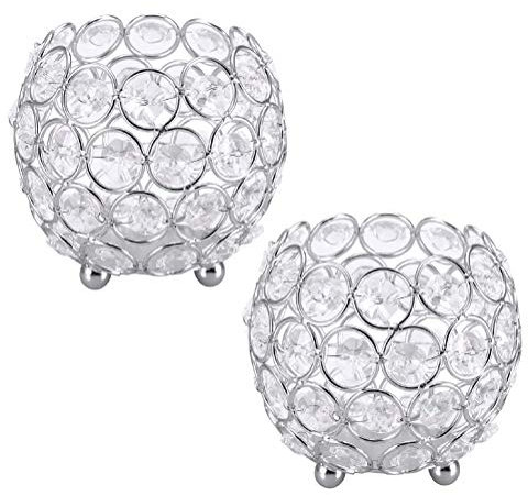 MAGICVOGEL 2er Set Silber Kerzenhalter Kristall Glas Kerzenständer Teelichthalter Dekoration für Hochzeit Geburtstag Party Küche Wohnzimmer Büro (10x8.5cm)