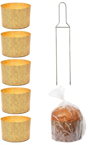 Kit Molde Alto para Panettone 750 gr + Pin para Panettone + 5 Bolsas para Panettone con Cierres, Forros Profesionales para Panettone 750 gr en Papel Natural Resistente al Calor 200°C