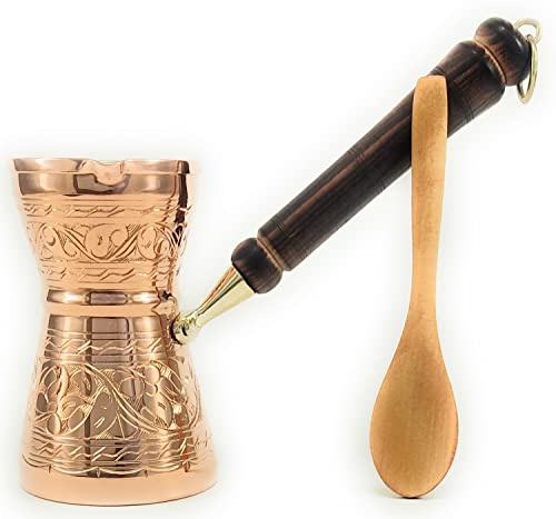 GCP Series (Large-16.9 floz) Thickest Solid Copper Engraved-Hammered Greek Turkish Arabic Coffee Pot with Wood Handle,Stovetop Coffee Maker Cezve,Jezve,Jazva,Ibrik,Briki (Shiny)