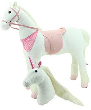 Sweety Toys 13869 Plysch ståhäst, stabil XXL häst/enhörning, höjd 130 cm, häst, ridhäst, vit med stålunderkonstruktion – med 2 utbytbara huvuden