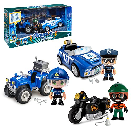 Pinypon Action - Pack Veicoli con quad, auto e moto, e 3 figure diverse | 2 pupazzi della polizia e un ladro, giocattolo esclusivo, per bambini e bambine a partire da 3 anni