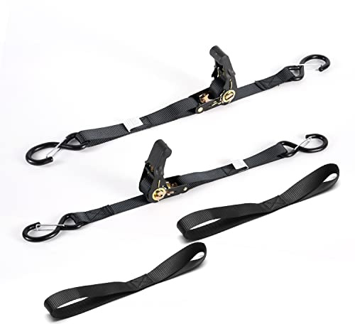Boat Trailer Transom Ratchet Tie Down Straps Short with Latching Hooks and Soft Loop 2400 LBS, Safety Nylon Straps with Ratchet Buckle to Secure Transport Boat, Pontoon, Jet Ski, PWC, Kayak Motorcycle