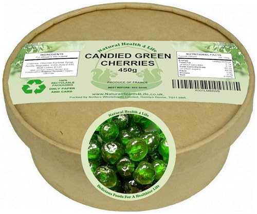 Natural Health 4 Life Candied Whole Green Glace Cherries 450g – Cherrys for Baking and Decorating – Vegan, Fat Free, Gluten-Free – Packed in Recyclable Paper Tub (1 Tub) Produce of France