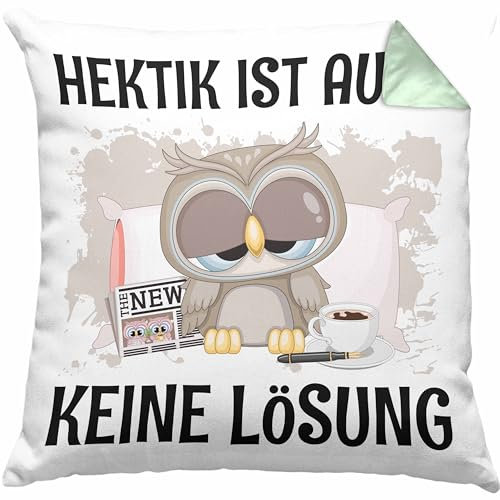 Trendation Hektik Ist Auch Keine Lösung Eulen Kissen mit Füllung 40x40 (Grün)