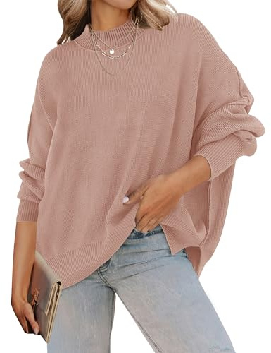 ZESICA Women's Fall 2025 Casual Long Sleeve Crew Neck Side Slit Oversized Ribbed Knit Pullover Sweater Tops,Almond,Meidum