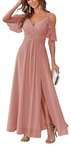 Damen Schulterfrei Brautjungfernkleider lang Chiffon plissiert formelle Abendkleider A Linie Spaghetti-träger Ballkleider