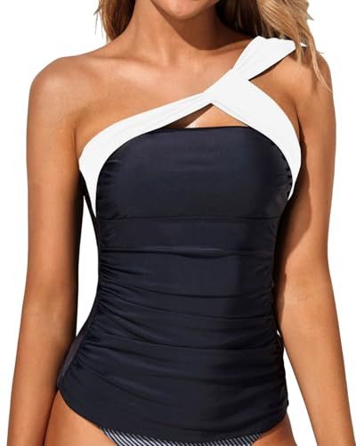 Tempt Me Women Black White Tankini Top Plus Size Swim Tops Ruched One Shoulder Bathing Suit Swimsuit Tops Only XXL